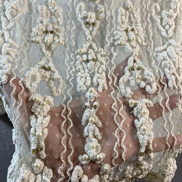 Guess Womens Sheer Crochet Pearl Rhinestone Top Sz XS Ivory Romantic Fairy Angel - Picture 2 of 13